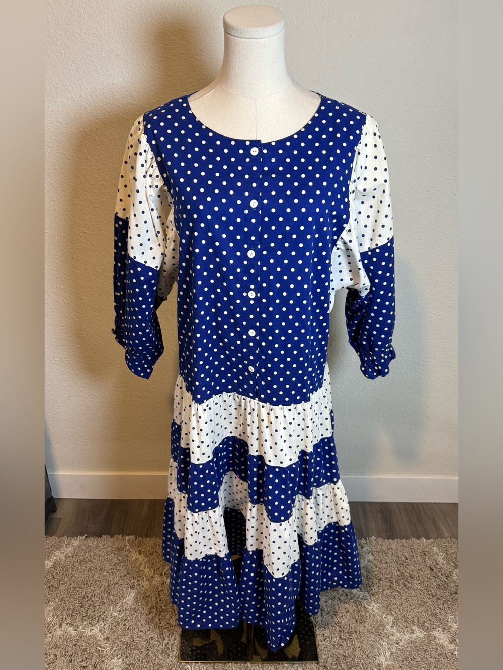 Krist Gudnason Vintage Blue and Cream Polka Dot Button-Front Dress One Size